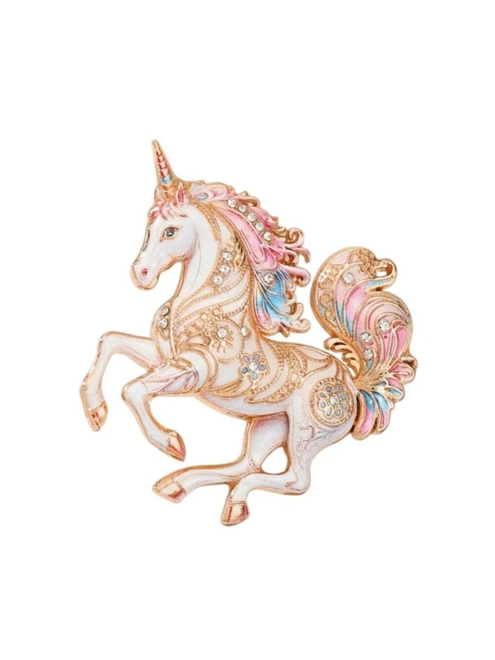 Unicorn Brooch With Colorful Pink Enamel & Crystal Accents Gold Tone